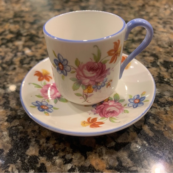 Miniature Shelley England Tea Cup and Saucer Rose Floral with Blue Trim - Picture 2 of 10